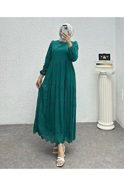 She Olive Γκιπούρ Λεπτομερές Πράσινο Φόρεμα Hijab