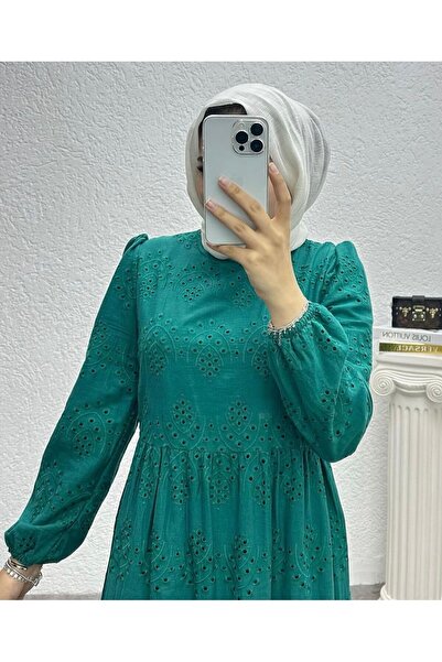 She Olive Γκιπούρ Λεπτομερές Πράσινο Φόρεμα Hijab