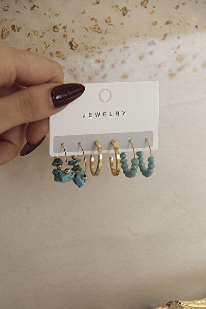 takıtarzım Turkuaz doğal taşlı set halka küpe