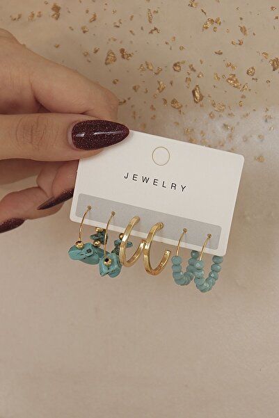 takıtarzım Turkuaz doğal taşlı set halka küpe