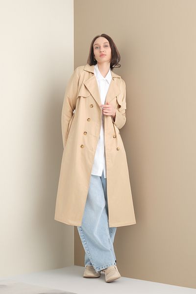 MODAQU Shawl Collar Buttoned Trench Coat Beige