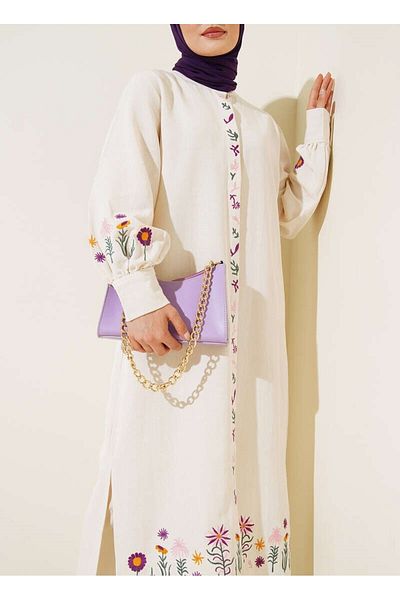 Lavanta Tekstil Embroidered Hijab Kimono Dress Ecru Linen
