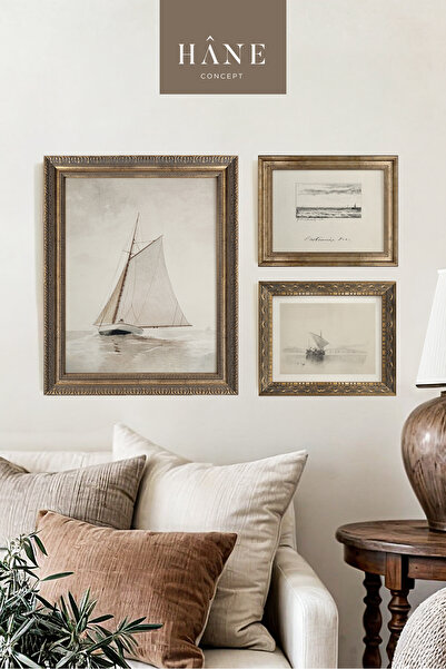 Hane Concept Vintage Çerçeveli 3'lü Tablo Seti, Deniz Manzarası Çizimi Galeri...
