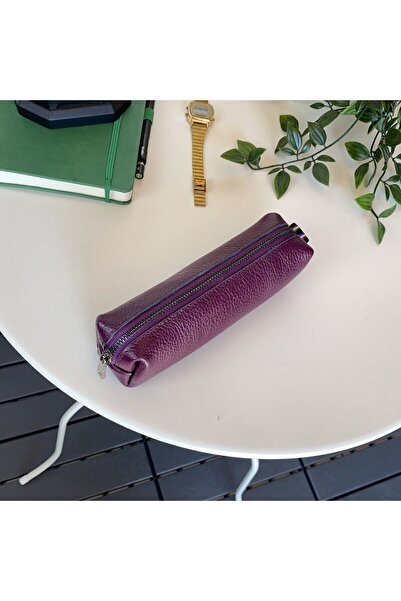 Modica Bordo Kalemlik, Hakiki Deri Makyaj Çantası | Öğrenci Kalem Kutusu | Lana