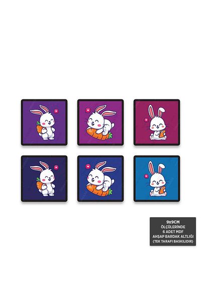 Hayal Poster BA1006 - طقم أكواب MDF منقوشة على شكل أرنب وجزر مكون من 6 قطع (9 × 9 سم)