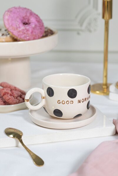 ada mia seramik Good Morning Benek Desenli Özel Tasarım 24k Altın Dekorlu El Yapımı Seramik Mug 200ml