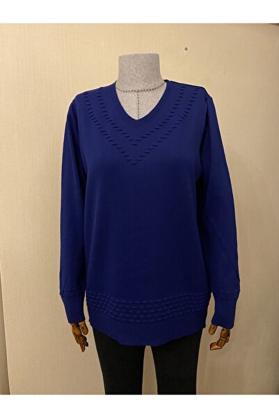 TEK V Yaka Triko Desenli Anne Bluz Kazak / Lacivert