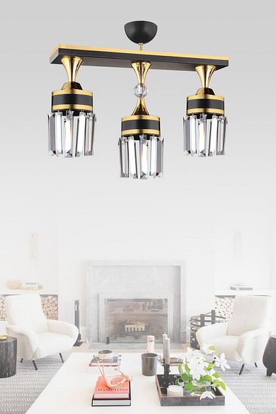 SONSUZ AYDINLATMA&AVİZE Tokyo 3-Piece Black Row Plafonier with Crystal Stone and Yellow Strip Cylinder Downward Facing Luxury Chandelier