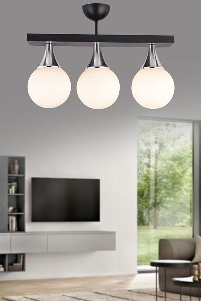 SONSUZ AYDINLATMA&AVİZE Black 3 Row Plafonier White Glop Top Glass Chrome Downward Facing Luxury Chandelier