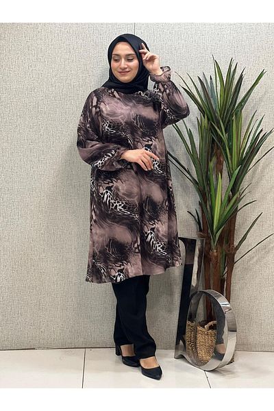 Butik büyük beden تونيك شيفون منقوش - قصة مريحة