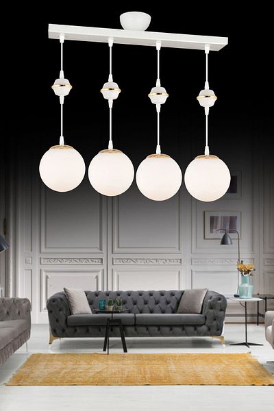 SONSUZ AYDINLATMA&AVİZE Row of White 4-Piece White Globe Top Glass Downward Facing Luxury Chandelier