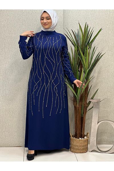Butik büyük beden Luxury Stoned Crepe Evening Dress