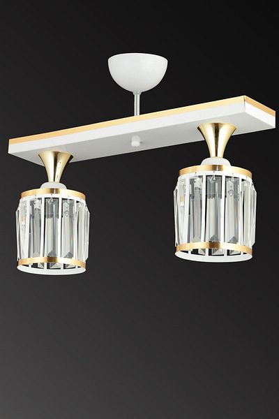 SONSUZ AYDINLATMA&AVİZE 2-Piece White Row Crystal Stone Plafonier Yellow Striped Cylinder Downward Facing Luxury Chandelier