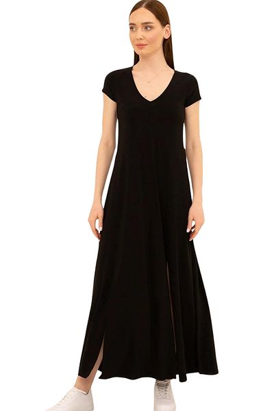 Laranor Black Slit V-neck Comfortable Cut Long Dress