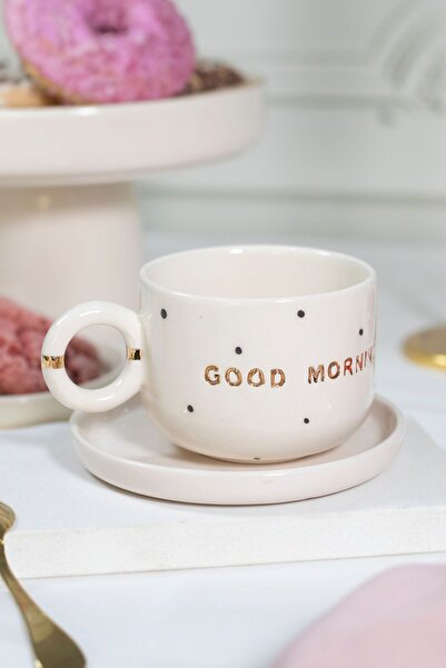 ada mia seramik Good Morning Benek Desenli Özel Tasarım 24k Altın Dekorlu El Yapımı Seramik Mug 200ml