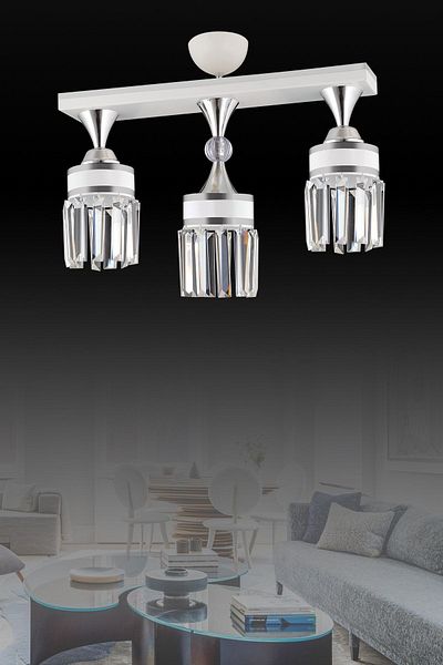 SONSUZ AYDINLATMA&AVİZE Tokyo 3-Piece White Row Plafonier Crystal Stone Chrome Striped Cylinder Downward Facing Luxury Chandelier