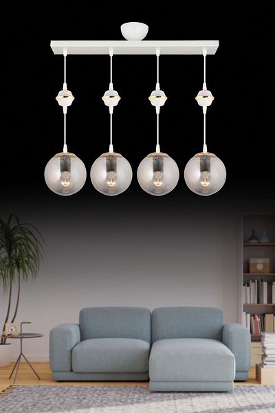 SONSUZ AYDINLATMA&AVİZE Row of White 4-Piece Smoked Glop Top Glass Downward Facing Luxury Chandelier