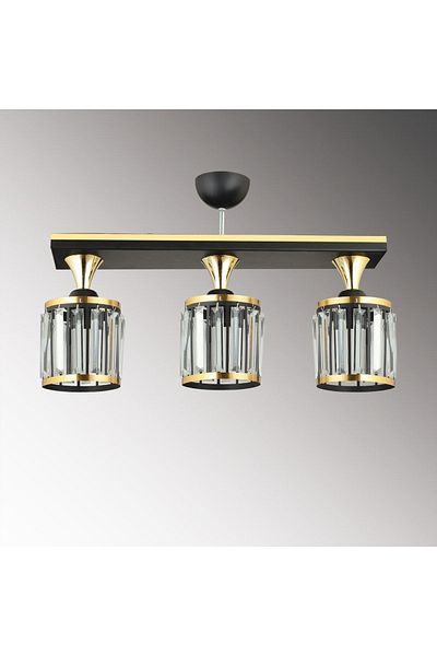 SONSUZ AYDINLATMA&AVİZE 3-Piece Black Row Crystal Stone Plafonier Yellow Striped Cylinder Downward Facing Luxury Chandelier