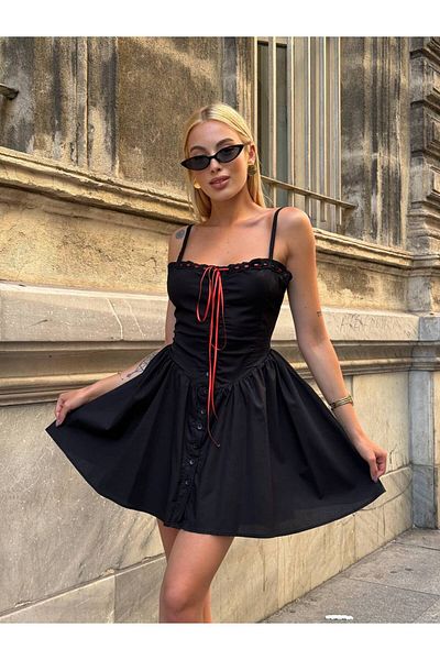 NEW JOURNAL Rochie mini cu curea neagră pentru femei, cu nasturi în față, cu detaliu de panglică Eley- 1000155310