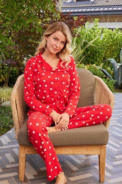 PİJAMOOD Kadın Kırmızı Uzun Kollu Pamuklu Önden Düğmeli  Pijama Takımı