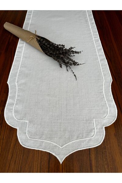 NURHAN HOME COLLECTION عداء كتان إكرو - صف مزدوج مطرز