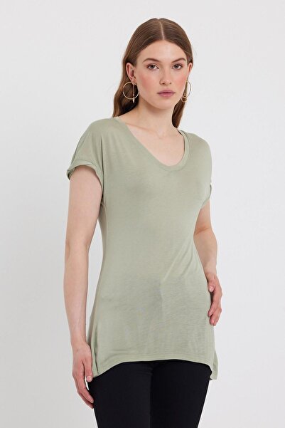 QUHOX Γυναικείο μπλουζάκι από ύφασμα μπαμπού με λαιμόκοψη σε ανοιχτό πράσινο