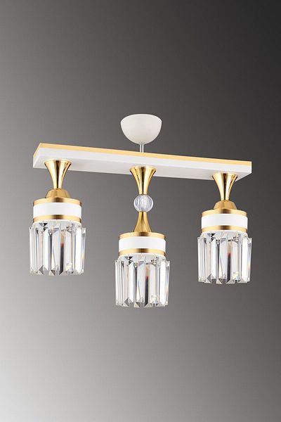 SONSUZ AYDINLATMA&AVİZE Tokyo 3-Piece White Row Plafonier with Crystal Stone and Yellow Strip Cylinder Downward Facing Luxury Chandelier