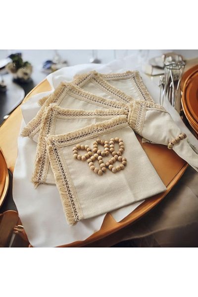 NDC HOME Organic Raw Linen Fringed 6-Piece 40 X 40 Napkin Set with Wooden Buckle Gift