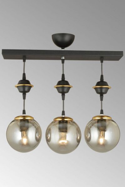 SONSUZ AYDINLATMA&AVİZE Row of Black 3-Piece Smoked Glop Top Glass Downward Facing Luxury Chandelier