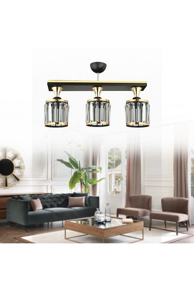 SONSUZ AYDINLATMA&AVİZE 3-Piece Black Row Crystal Stone Plafonier Yellow Striped Cylinder Downward Facing Luxury Chandelier