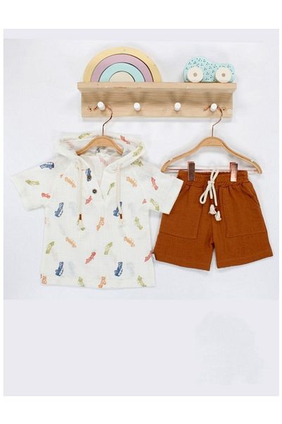 Baby 2-Piece Muslin Set for Baby Boy - Car Pattern, 100% Cotton, Hooded Top and Shorts