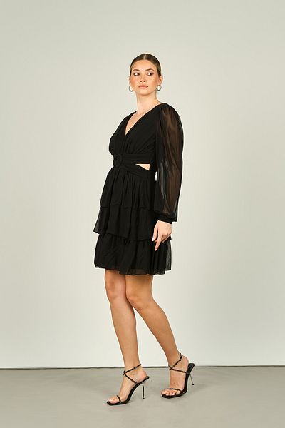 Dans Black Layered Skirt and Window Detailed Evening Dress 1298
