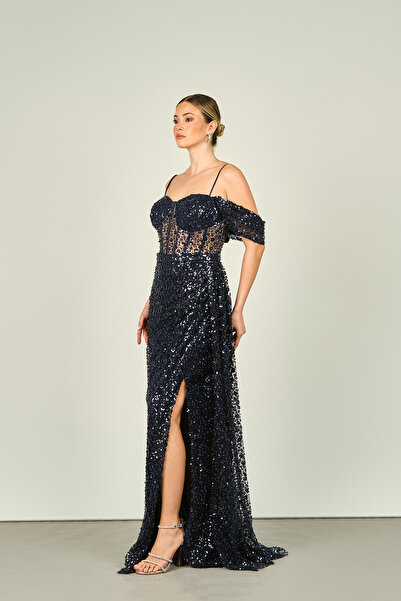 Saygın Navy Blue Long Evening Dress - Full Stone and Sequin Detail, Straps, Top Size 4606