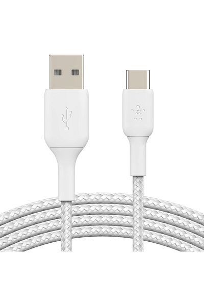 Belkin BoostCharge Braided USB-C to USB-A Charger Cable for iPhone 15, Galaxy S24, iPad,mackbook, 2m,White