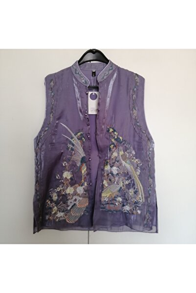 Butik Tülin Kadın otantik polyester mor çok renkli iplik tavus kuşu çiçek nak...