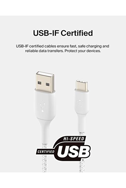 Belkin BoostCharge Braided USB-C to USB-A Charger Cable for iPhone 15, Galaxy S24, iPad,mackbook, 2m,White