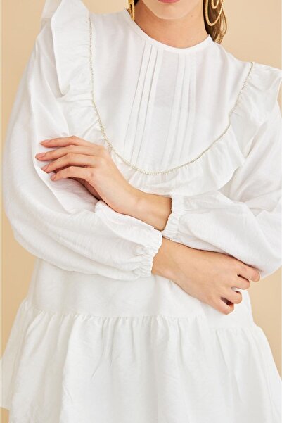 Basicpark Luxe Ruffled and Stoned Linen Ecru Tunic Trousers Set