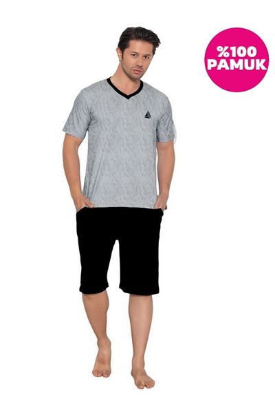 bie's Γκρι Melange V-Neck Pocket Βαμβακερό Σετ Πυτζάμες - Μακρύ σορτς Navy Blue