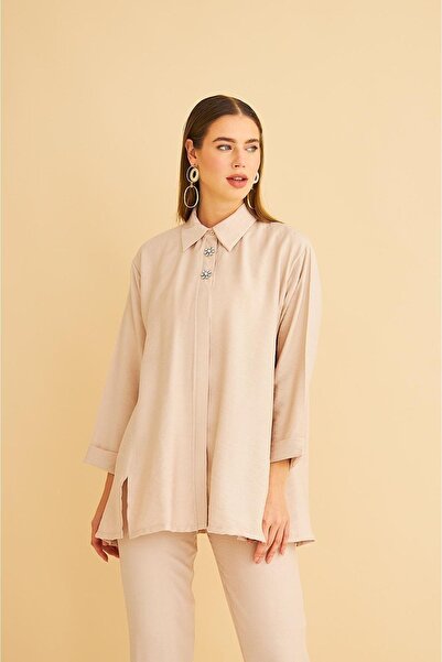 Basicpark Afra Stone Embroidered Linen Woven Stone Shirt Trousers Set
