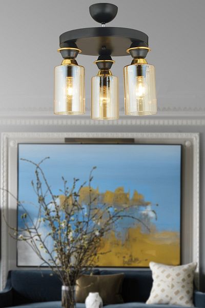 SONSUZ AYDINLATMA&AVİZE Black Triple Plafone Pipe Glass Downward Facing Luxury Chandelier