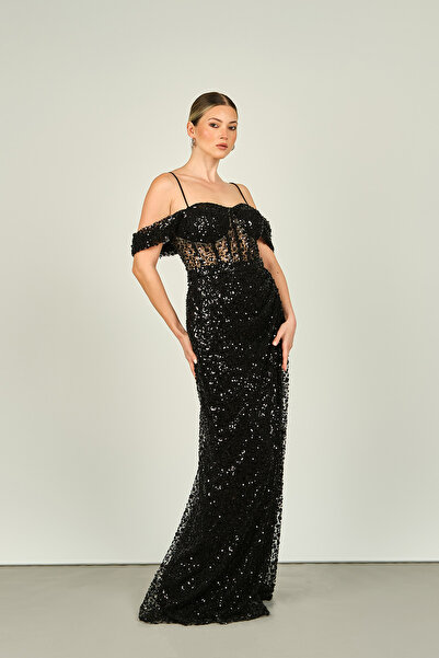 Saygın Black Long Evening Dress - Stone Detailed, Strap, Size 4606