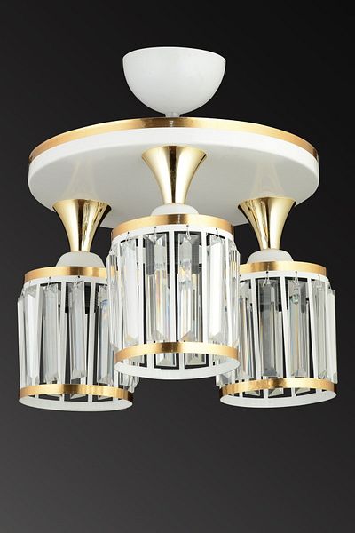 SONSUZ AYDINLATMA&AVİZE 3-Piece White Tray Crystal Stone Plafonier Yellow Striped Cylinder Downward Facing Luxury Chandelier