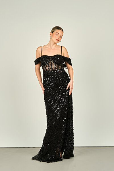 Saygın Black Long Evening Dress - Stone Detailed, Strap, Size 4606