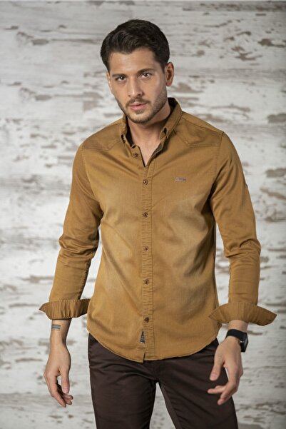 BAYEFENDİ Likralı Slim Fit Hardal Kot Gömlek