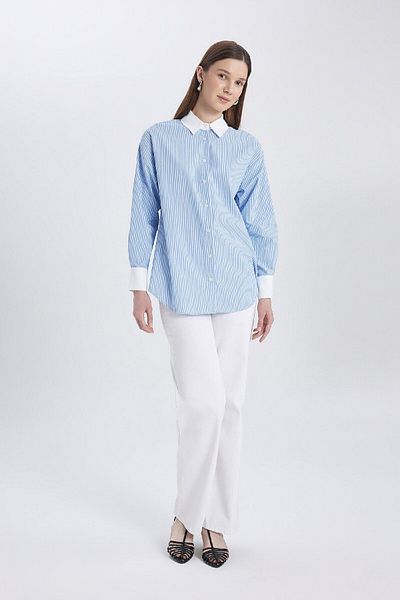 DeFacto Ποπλίνα ριγέ Relax Fit Μακρυμάνικο πουκάμισο Tunic - C4099AX24SP