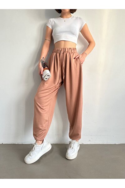 BEJNA Camel Women's Pleated Modal Shalwar Trousers - Relaxed Fit