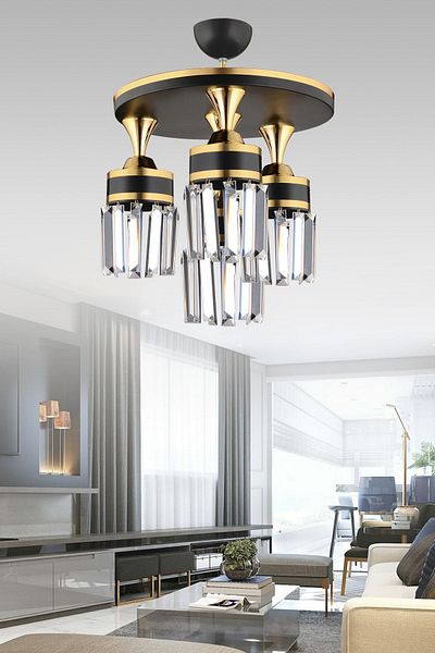 SONSUZ AYDINLATMA&AVİZE Tokyo 4-Piece Black Plafone, Crystal Stone, Yellow Stripe, Cylinder Downward Facing Luxury Chandelier