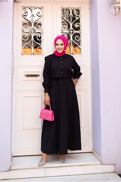 Tesettür Diyarı Γυναικείο φόρεμα Hijab Clothing - Cepken Detailed, Lizza Fabric, 135cm Ύψος, Μαύρο