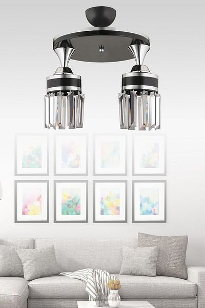 SONSUZ AYDINLATMA&AVİZE Tokyo 2-Piece Black Plafone, Crystal Stone, Chrome Strip, Cylinder Downward Facing Luxury Chandelier