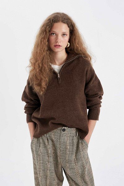 DeFacto Oversize Wide Fit Half Zipper Stand Collar Knitwear Sweater A8180Ax24Wn